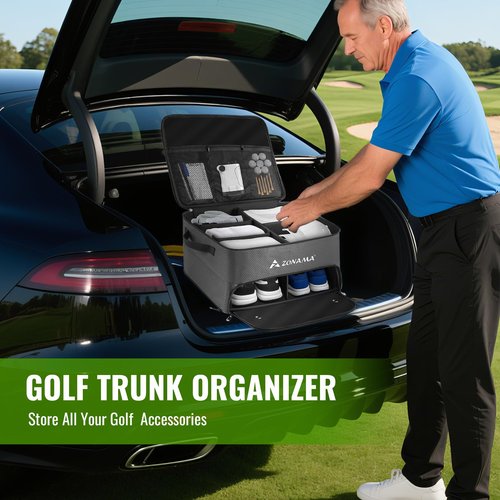 Golf Trunk Organizer, 3 Layers Large Space Car Trunk Locker, with Separate Compartment, Waterproof Golf Accessories Bag for 2 Pairs of Golf Shoes, Balls, Clothes, Golf Gift for Men Women(Grey)