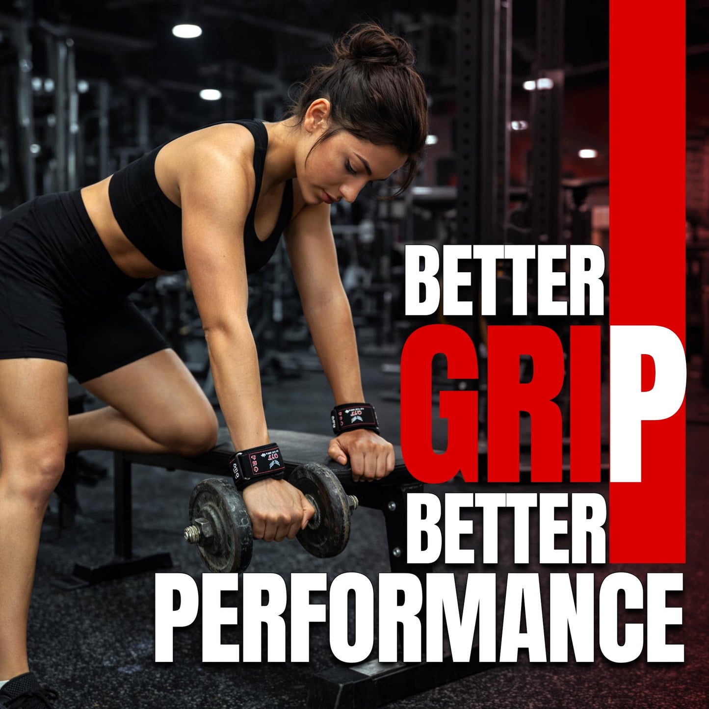QTF Weight Lifting Grips (Pair) for Heavy Powerlifting, Wrist Straps for Deadlifts, Rows, Pull Ups, with Neoprene Padded Wrist Wraps Support and Strong Rubber Gloves or Straps for Bodybuilding. (Black, L)