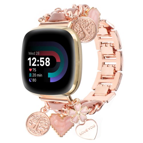 REALSIGN Stylish Band Compatible with Fitbit Versa 3 Bands/Versa 4/Sense 2/Sense Bands for Women,Metal Cuban Chain with Unique Flower Love Pendants Charms Dressy Strap(Flower Rose Gold)