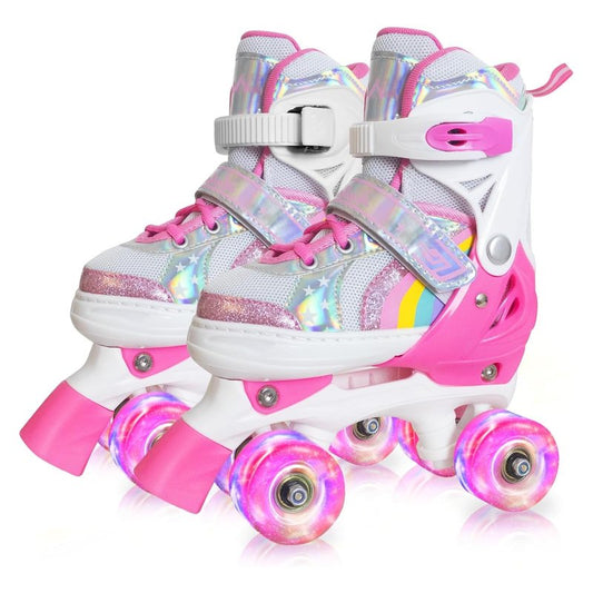 Nattork Girls Roller Skates for Kids Toddler, 4 Sizes Adjustable Rainbow Quad Skates with Light up Wheels,Best Gift for Boys Kids Beginners Indoor Outdoor S