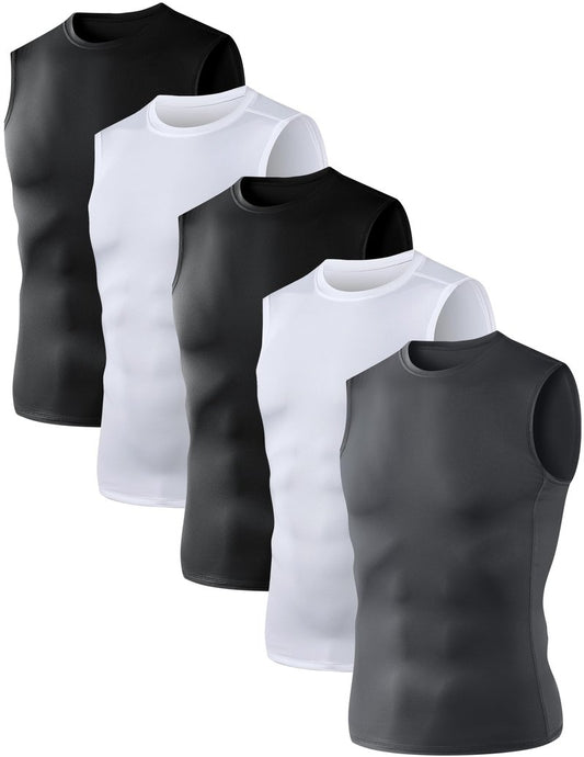 5 Pack Men's Athletic Compression Shirts Sleeveless Tank Top Base Layer Sports Workout Shirts for Basketball B L