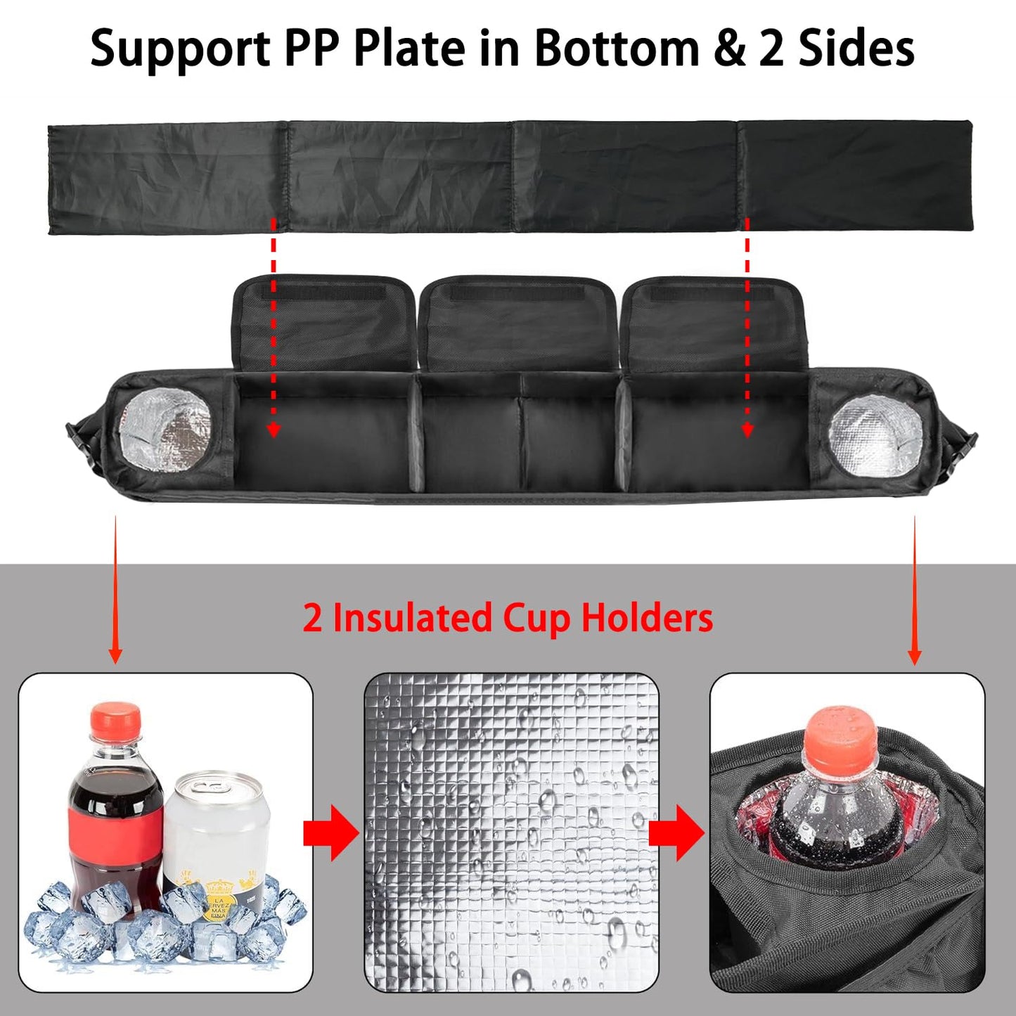 No-Drilling Golf Cart Inner Front Storage Basket with 2 Insulated Cup Holders, Foldable Dash Tray Storage Organizer Compatible with EZGO Club Car Kandi Electirc, Practical Golf Car Accessories