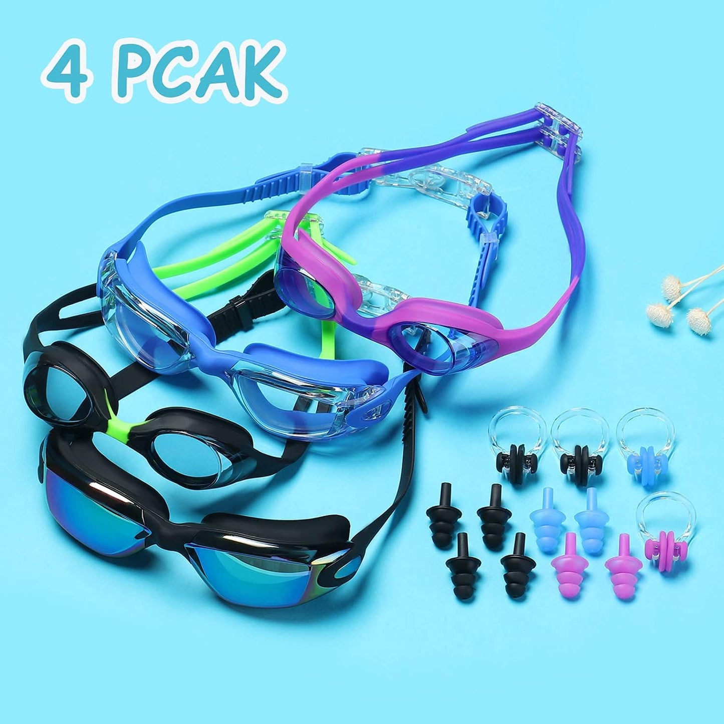 Skiennix Kids Swim Goggles - UV Protection & Anti-Fog Design | 4 Pack for Ages 6-14