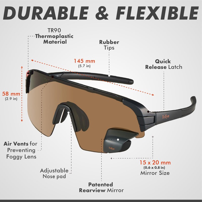 TriEye Cycling Glasses with Rear-view Mirror for Men & Women - UV-400 Sports Sunglasses Cycling Goggles - Durable and Lightweight (High Definition Smoke)