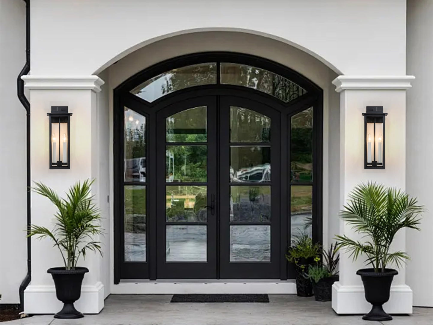 OUPAVOCS Outdoor Wall Lights, Large Porch Lights Fixture Wall Mount, Black Exterior Wall Sconce with Clear Glass, White Candelabra, Waterproof Outside Patio Light Fixture for House, Garage