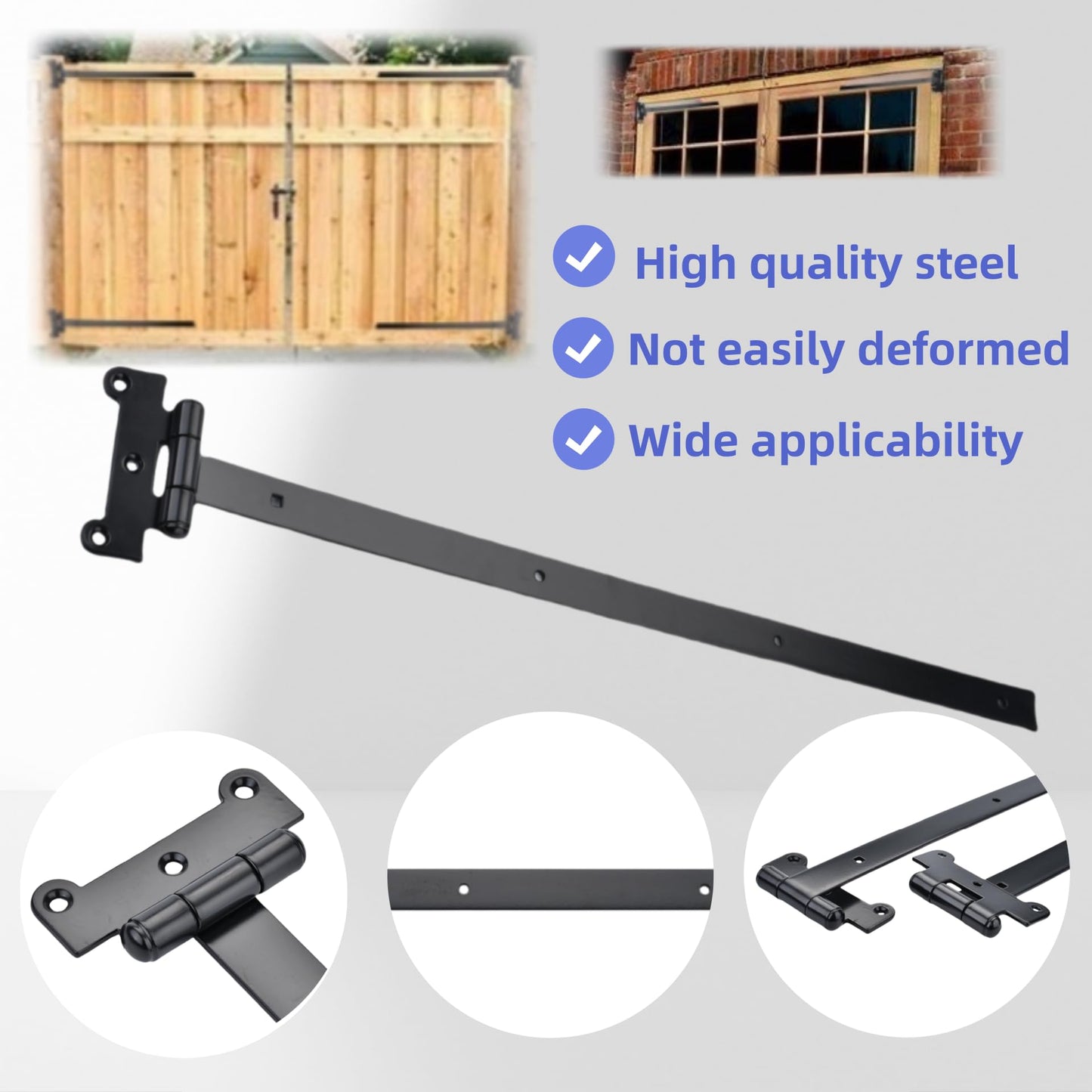 PAGOTORTAUS 24 inch Black Heavy Duty Gate Hinges,4mm Thick Iron Barns Door Hinges with 40 Mounting Screws,T-Shaped Heavy Duty Hinges fits for Sheds Barns Garden gate Garage Door (4pcs) ﻿