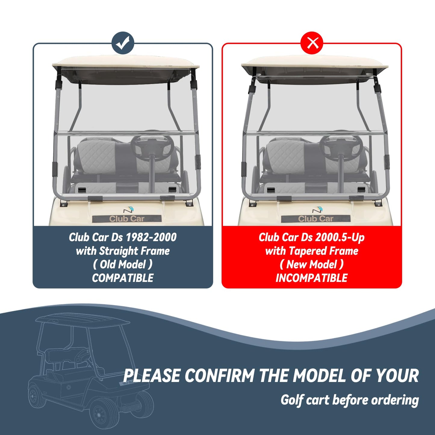 Golf Cart Windshield Club Car DS 1982-2000 Gas & Electric Models, 5MM Thicken Foldable, Highly Transparent and Impact Resistant Acrylic - Clear