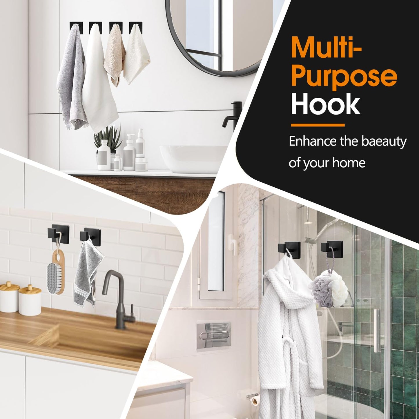 4 Pack Matte Black Towel Hooks - Heavy Duty Stainless Steel Wall Hooks for Bathroom, Kitchen, Bedroom & Closet - Modern Square Design Robe & Towel Holder for Coats, Bags, Hats & More