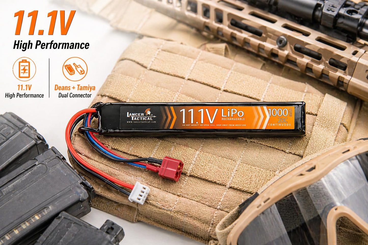 Lancer Tactical LiPo Airsoft Battery - 11.1V 1300mAh 15C/20C Stick - Tamiya/Dean Connector(1300mAh 20C Stick - Dean Connector)