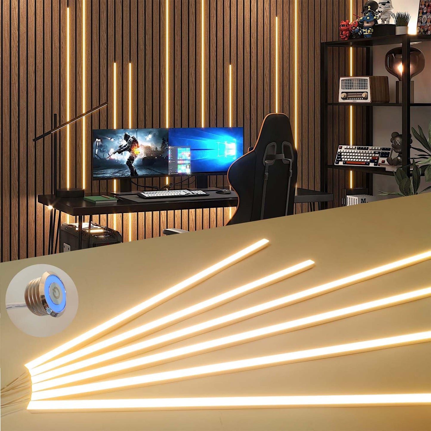 ATA LED Recessed Lighting Kit for Wall Panels - 6pcs Self-Adhesive Wall LED Lights for Interior Wall Decor, 3000k Touching Switch Light for Wood Slat Wall Panels (Touch Sensor Switch)