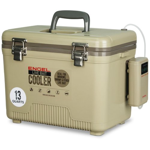 ENGEL 13 Quart Live Bait Cooler PRO for Fishing - Portable Minnow and Bait Bucket with Lithium-Ion Rechargeable Aerator - Tan (13Qt)