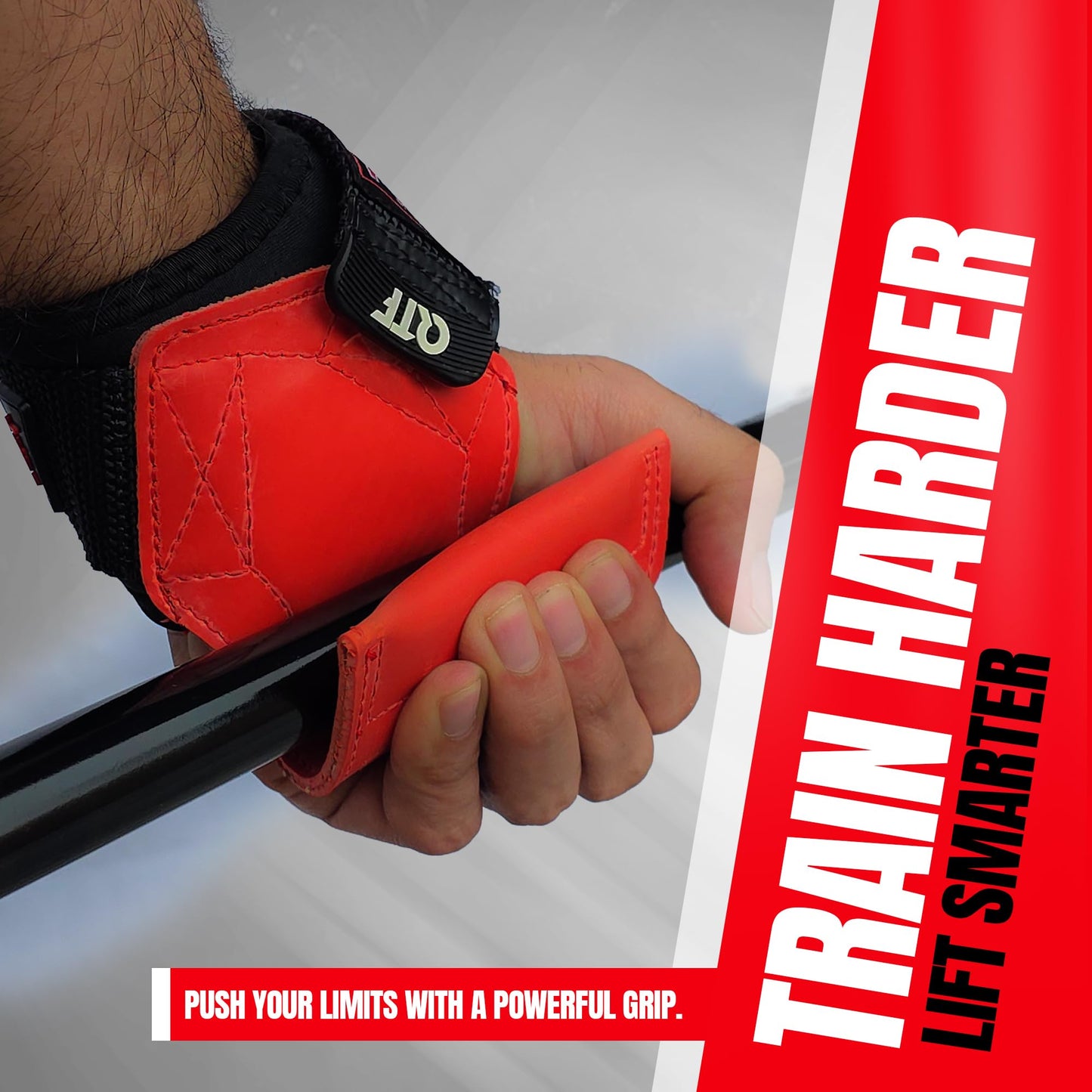 QTF Weight Lifting Grips (Pair) for Heavy Powerlifting, Wrist Straps for Deadlifts, Rows, Pull Ups, with Neoprene Padded Wrist Wraps Support and Strong Rubber Gloves or Straps for Bodybuilding. (Black, L)