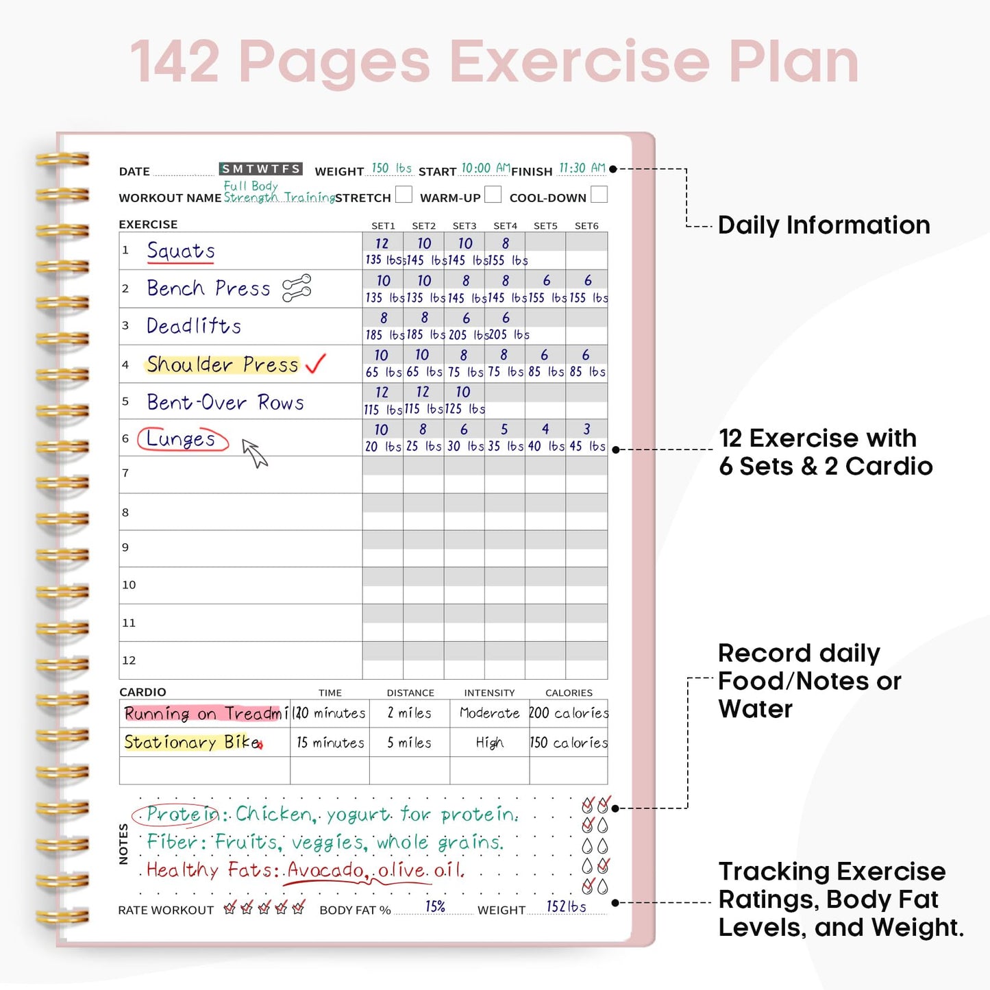 Fitness Workout Journal for Women & Men, A5(5.5" x 8.2") Workout Log Book Planner for Tracking, Progress, and Achieving Your Wellness Goals-Pink