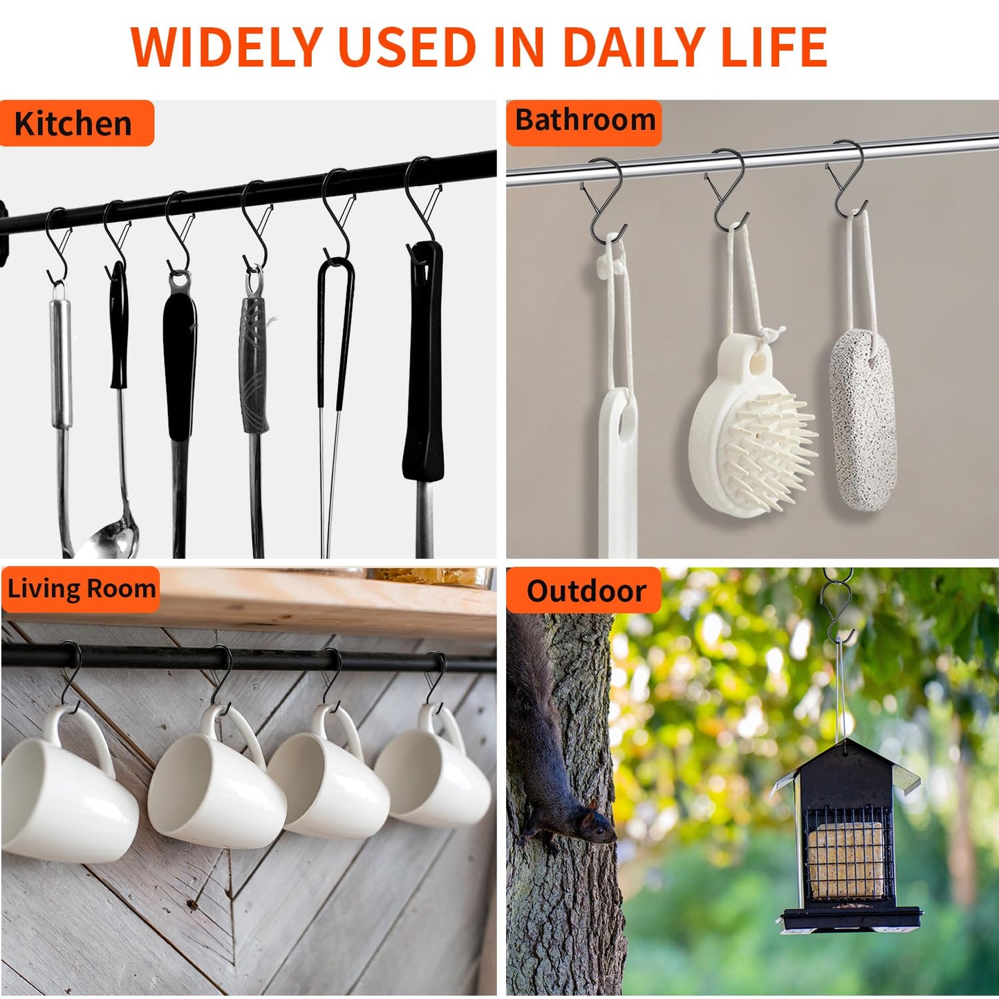 12 Pack Large S Hooks for Hanging Plants with Safety Buckle- Heavy Duty Solid Metal Steel Black S Shaped Closet Hooks for Hanging Plants, Kitchen Utensils, Jeans, Bags, Pots, 4 inch, Fit Most of Rod