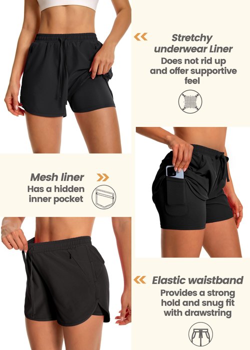 Hooxum Womens Running Athletic Shorts - Workout Gym High Waisted 2 in 1 Quick Dry Shorts with Mesh Liner Zipper Pockets,Black-L