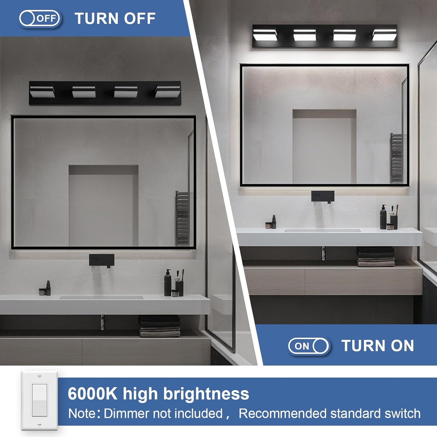 3-Light Modern LED Bathroom Vanity Light Fixture - Black Metal & Acrylic, 16-inch Over Mirror Lighting