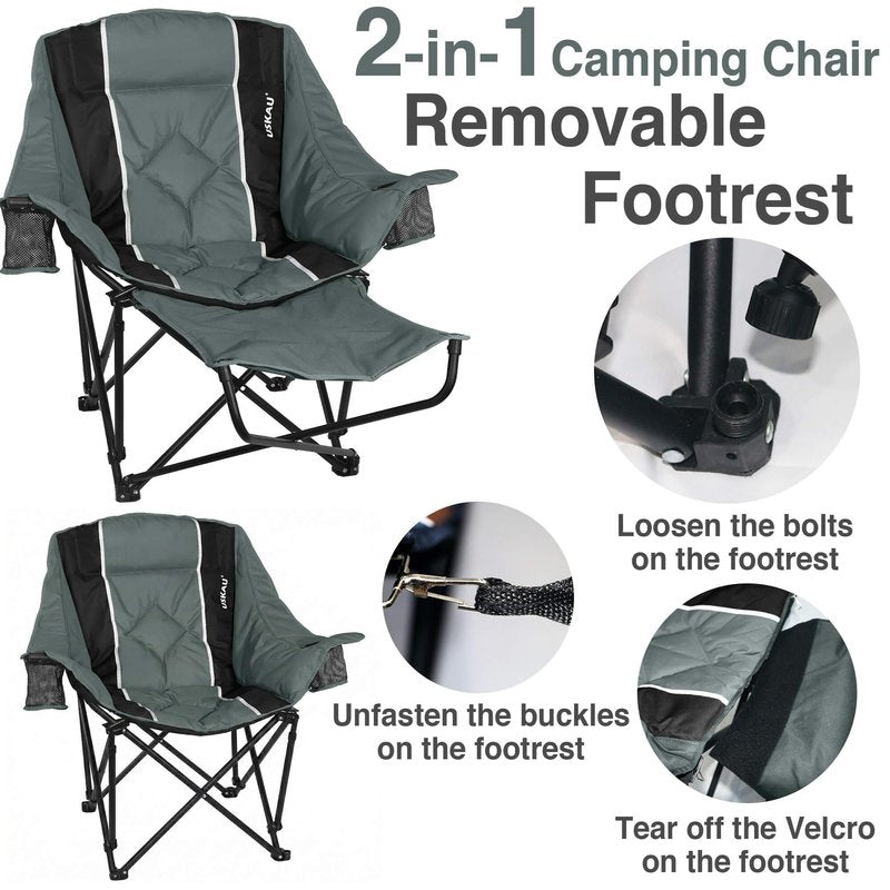 USKAU Camping Chair with Removable Footrest, Oversized Outdoor Chair with Headrest & Cup Holders, 300lb Capacity Lawn Chair for Sports Backyard Fishing