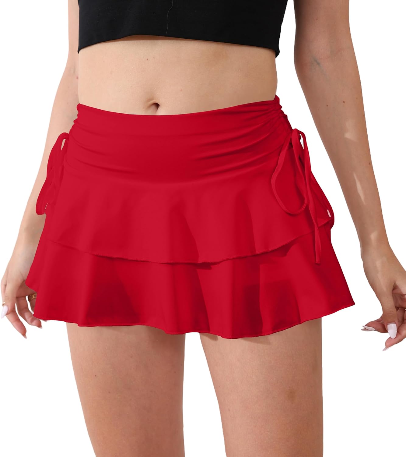 Skiennix Women's Y2K Mini Ruffle Skirt - Cute Tiered Design with Elastic Waist & Drawstring Bow Tie