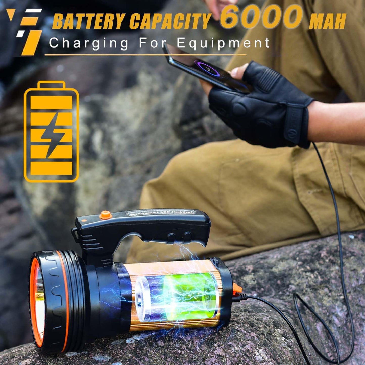 CSNDICE 100000LM High Lumens Rechargeable Spotlight Flashlight - 1600FT+ Long Beam Flashlight, IPX5 Waterproof Searchlight, 20H Standby, USB Power Bank, Shoulder Strap for Camping, Hiking, Emergency