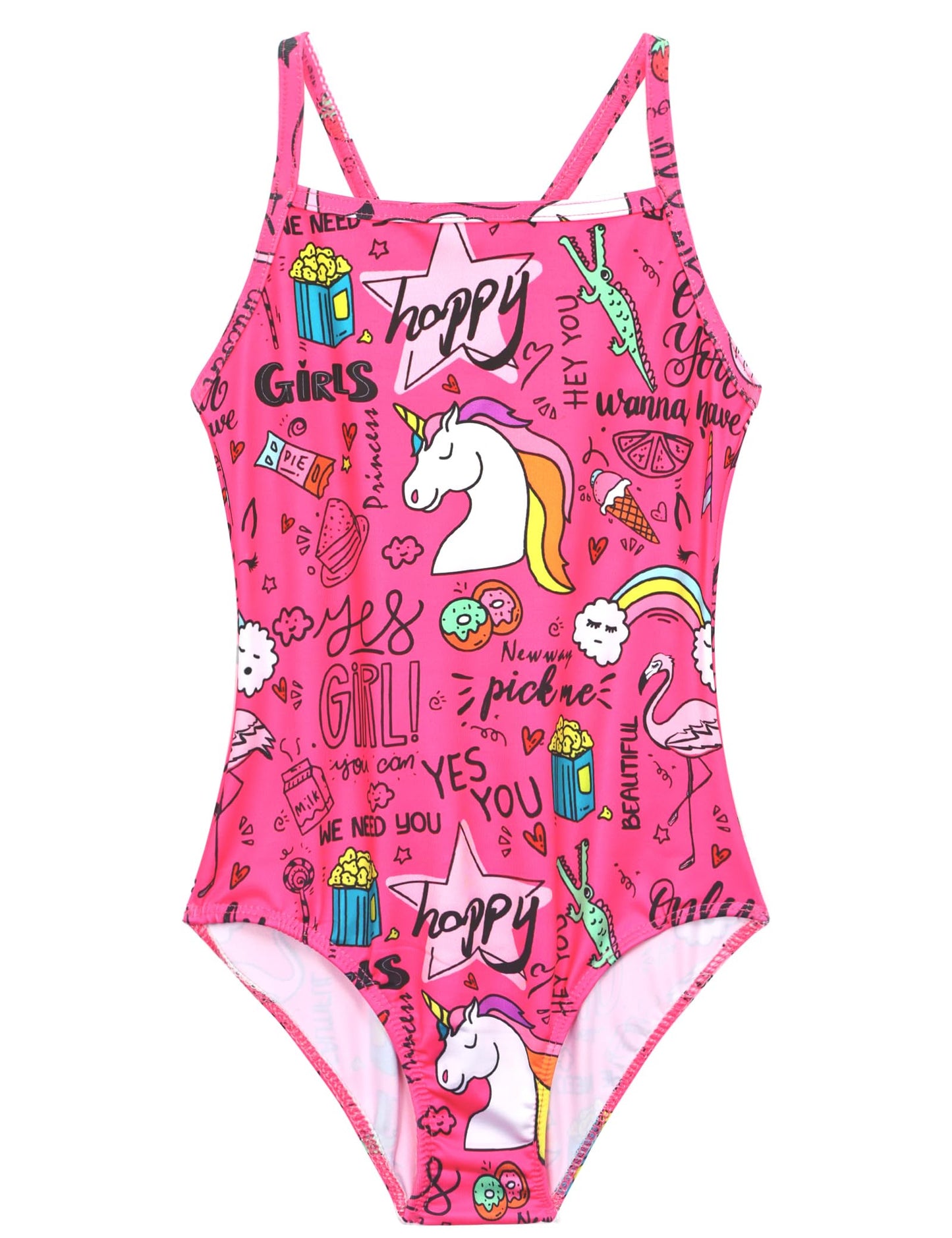 Girls Swimsuit Size 6-7 Years Old One Piece Bathing Suit Hotpink Rainbow Swimwear for Toddler Kids Swimming Practice