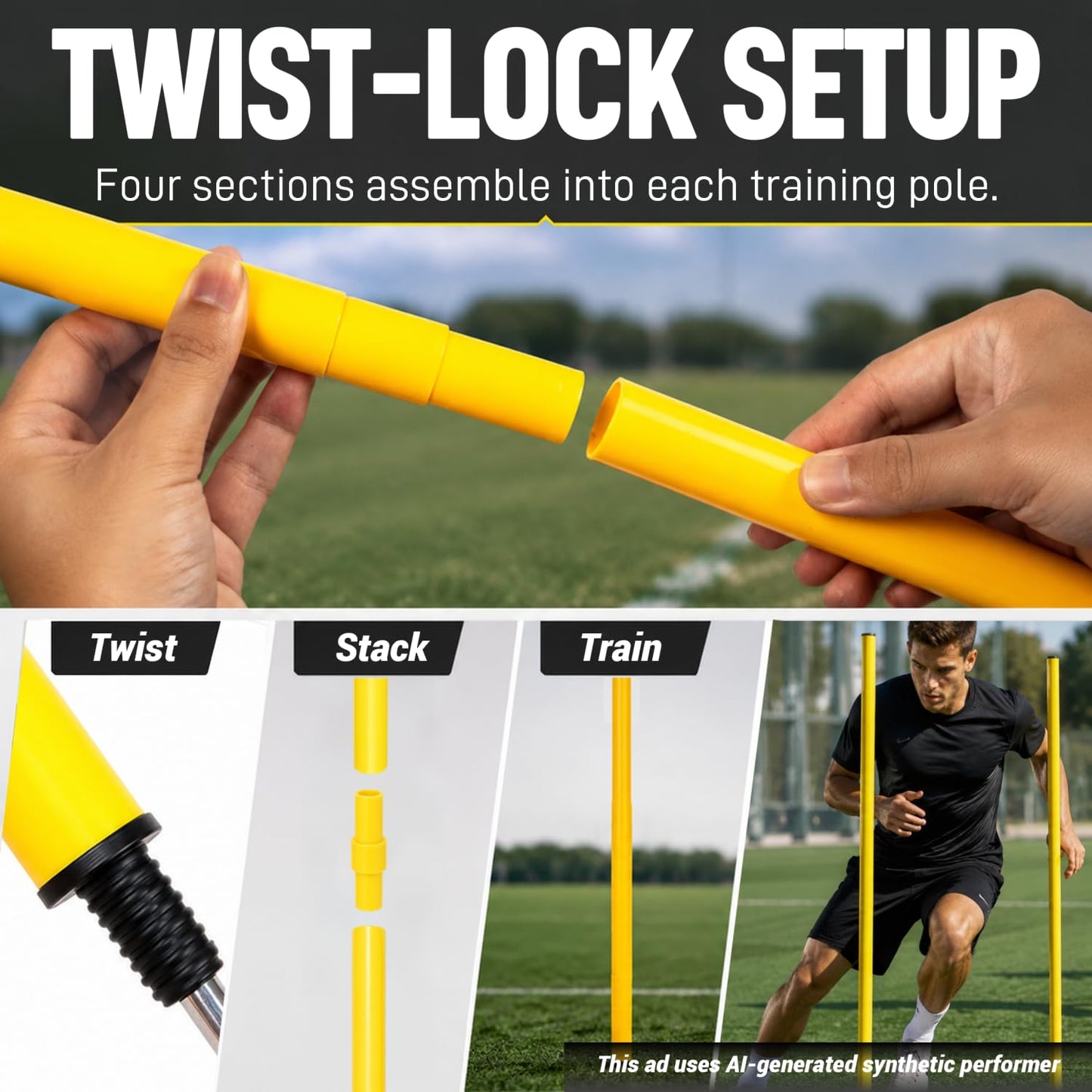 6 Pcs 5FT Adjustable Agility Training Poles for Soccer,Basketball,Football,Dog,Horse Training-Speed and Agility Training Equipment Sports Training Sticks with Stainless Steel Ground Nails (Yellow)