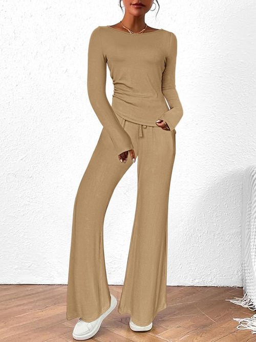 BeautyNee 2-Piece Matching Sweatsuit Set - Women's Casual Lounge Outfit with Wide Leg Pants & Crop Top in Khaki