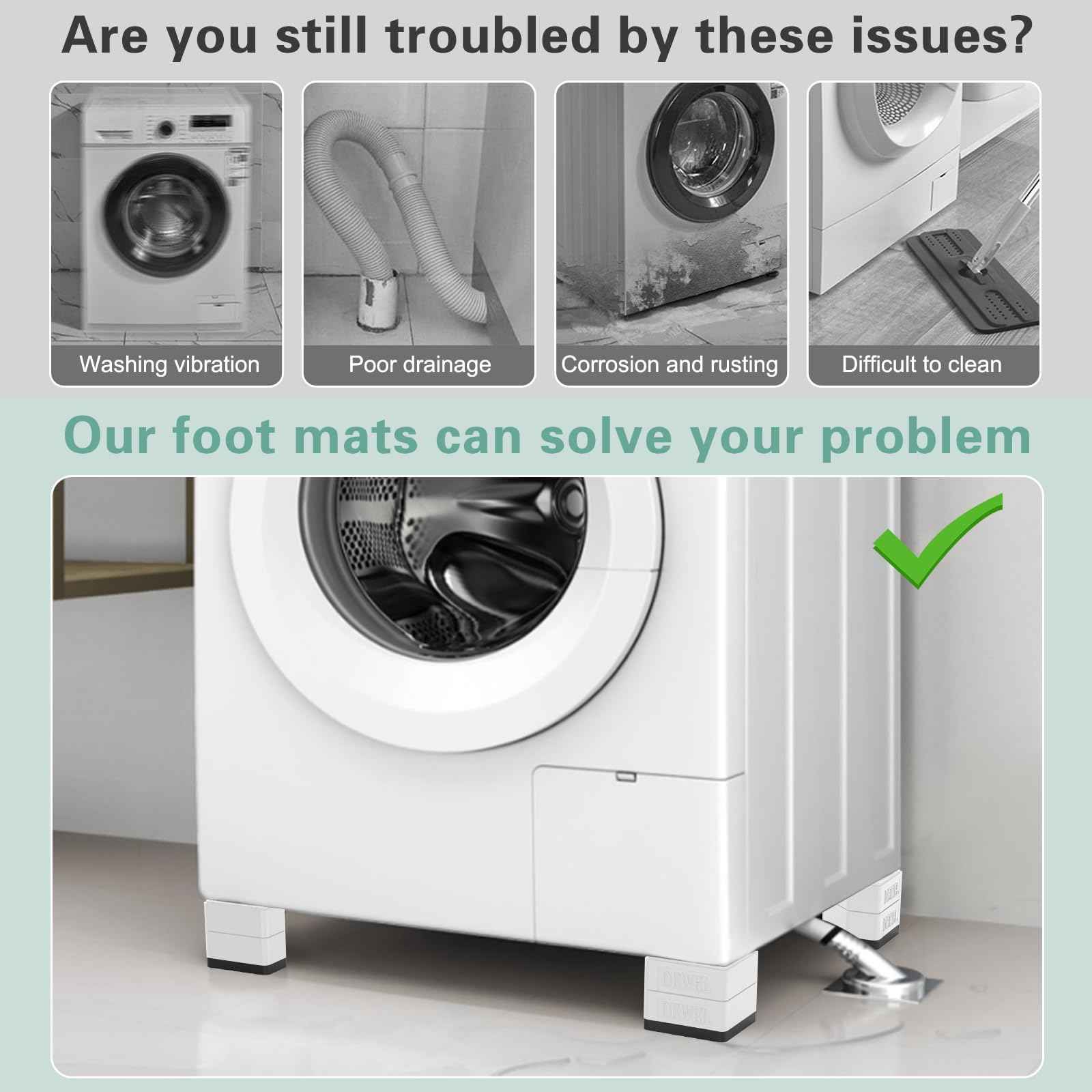 DEWEL Anti Vibration Pads for Washing Machine, 8 Pcs Washer and Dryer Pedestals Stackable Double Heighten Rubber Anti Vibration Pads, Shock Absorption & Non-Slip Floor Protection for Laundry Room