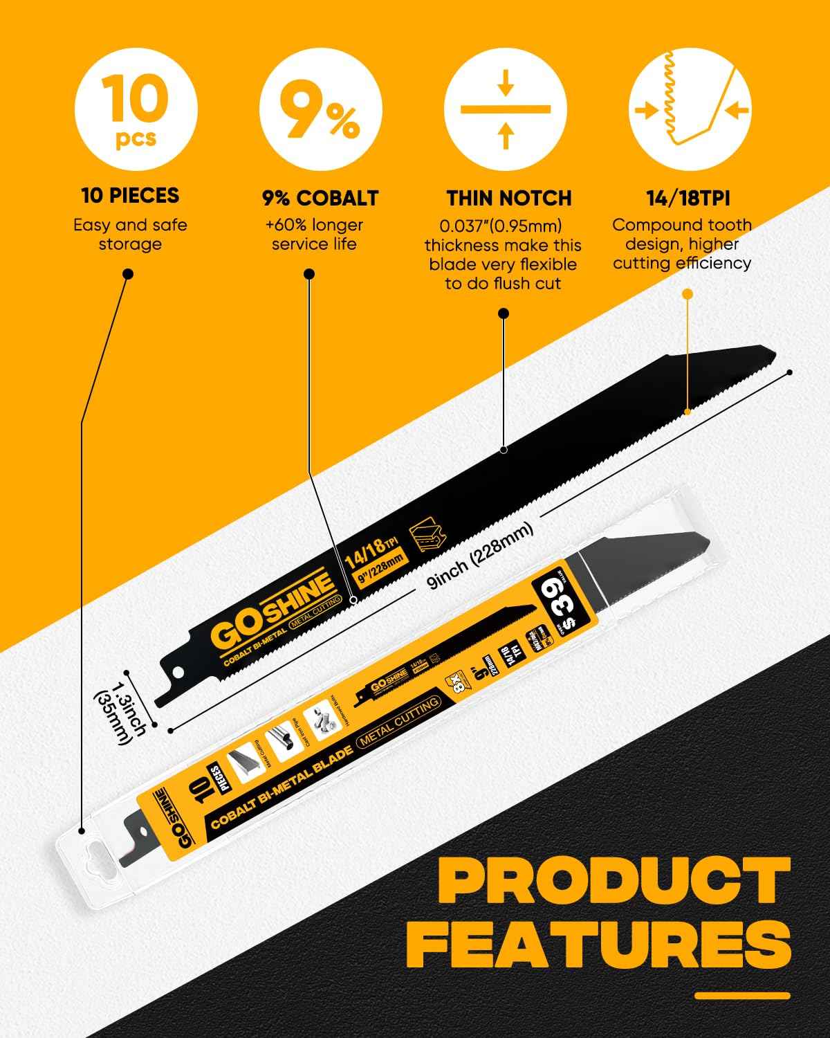 10 Pack 9 inch 14/18TPI Reciprocating Saw Blades, M42 Teeth with 9% Cobalt Bi-Metal Blades,for Automatic Dismantling Sawzall Blades for 1/16-5/16 Medium Metals