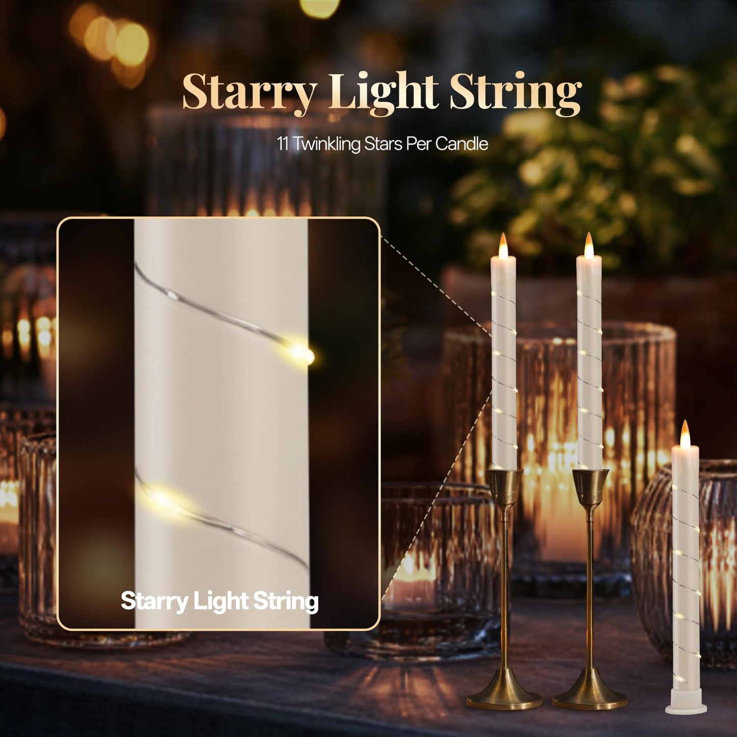 Rlojru 3pcs Flameless Taper Candle with Remote, Battery Powered, Timer, 3 Ivory ABS Candlesticks, 11 Mini Surround String Lights, 9.4 Inch LED Candles, Halloween Christmas Home Decor