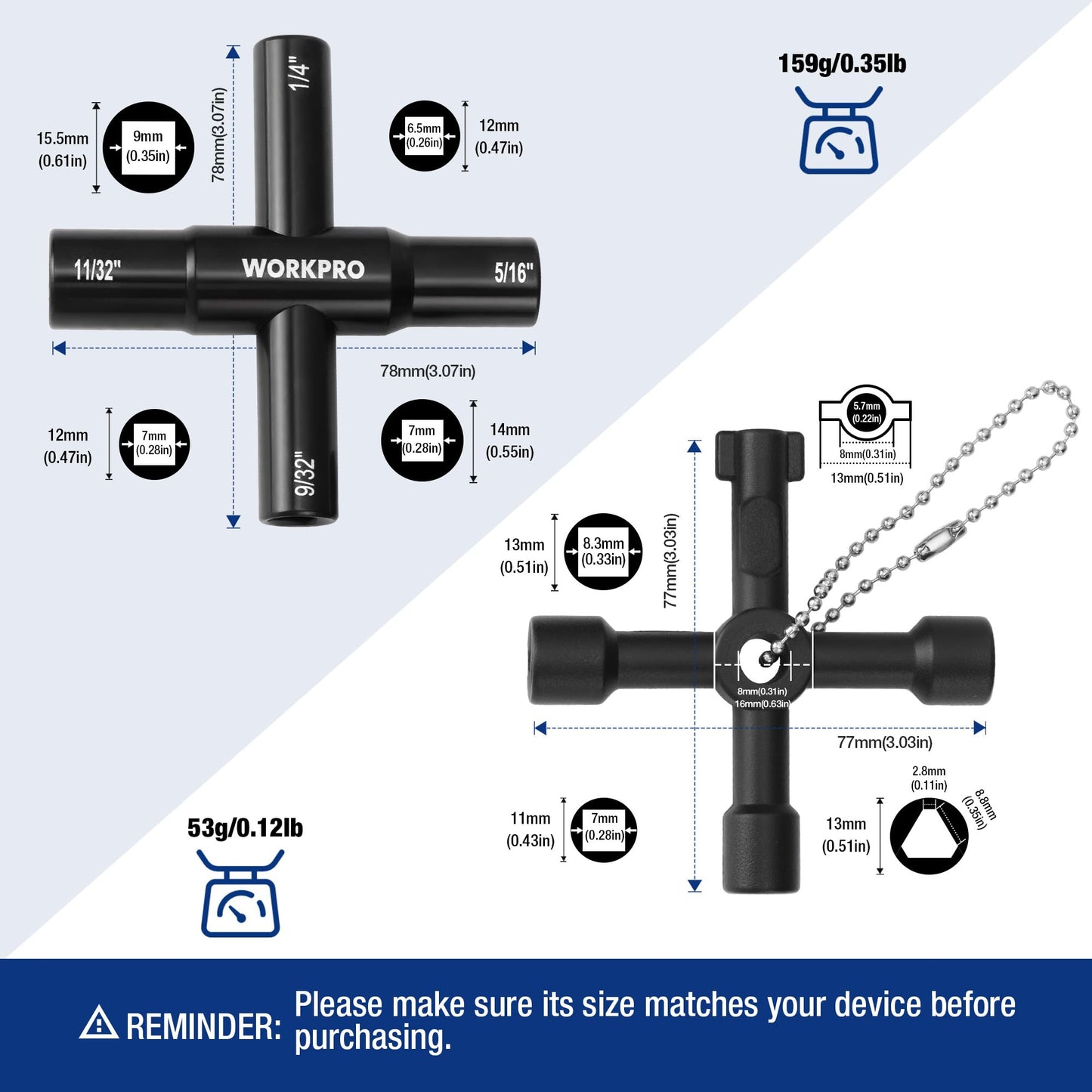 WORKPRO 2PC 4 Way Water Key Wrench, 40Cr Universal Utility Sillcock Key and Multifunctional Heavy-Duty Water Valve Key Tool for Faucet, Spigot, Electric Meter & Cabinet, 1/4", 9/32", 5/16", 11/32"