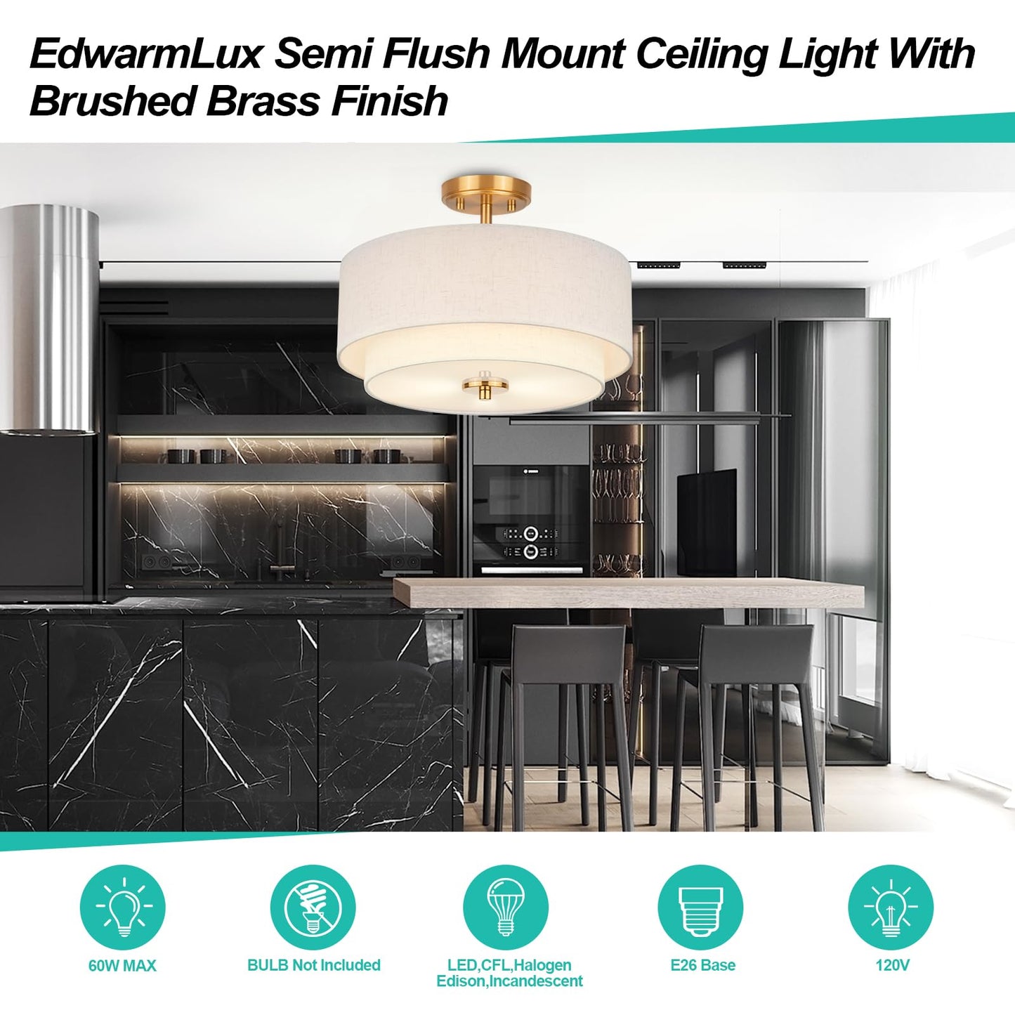 Edwarmlux 3-Light Semi Flush Mount Ceiling Light, 16" Drum Light with White Fabric Shade, Modern Close to Ceiling Lamp for Living Room Bedroom Dining Kitchen Hallway Entry (Brushed Gold)