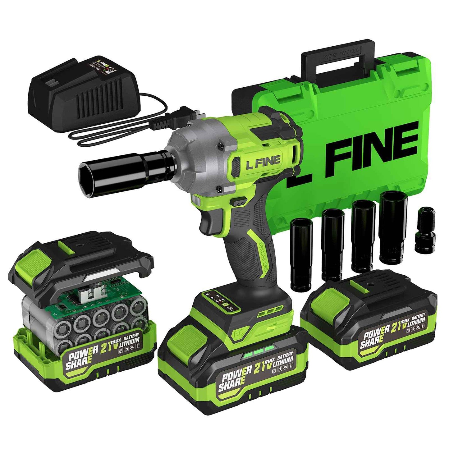 L FINE Cordless Impact Wrench 1/2 inch, 600N.m (405Ft-lbs) Power Impact Drill Kit Tools, 3200RPM High Torque Brushless Motor Impact Driver, 2 x 4.0Ah Battery, 5 Sockets, Charger, Electric Impact Gun