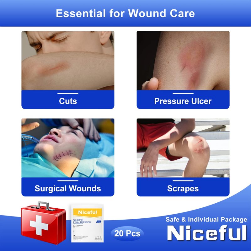 Niceful 20 Count Silicone Foam Dressing Gentle Border 2 x 2 inch, Absorbent Silicone Bandages for Wounds, Waterproof Bed Sore Bandages Wound Dressing