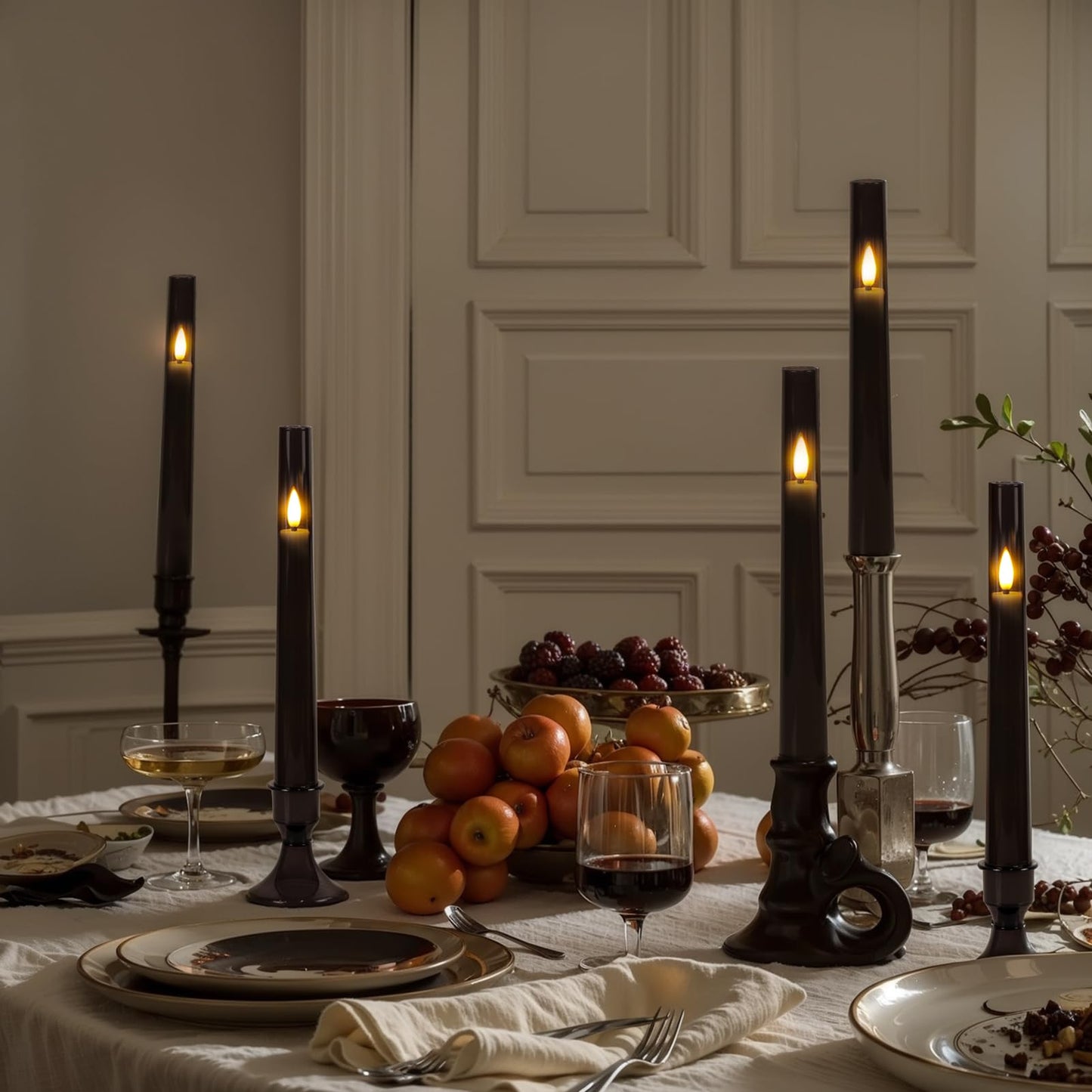 KunSwenn Black Flameless Taper Candles with Remote, Halloween Battery Operated Taper Candles with Base, LED Flameless Battery Candlesticks for Home Holiday Decor(Set of 6, Acrylic Shell)