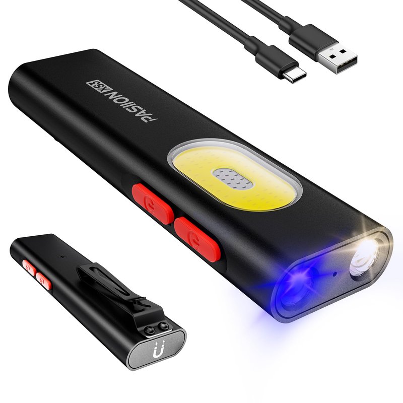 PASIION Rechargeable EDC Flat Flashlight White LED Combo,1400 Lumen Portable Pocket Flashlight –10 Modes Small LED Light with Magnetic Base,USB-C Charging for Outdoors,Emergency,Working