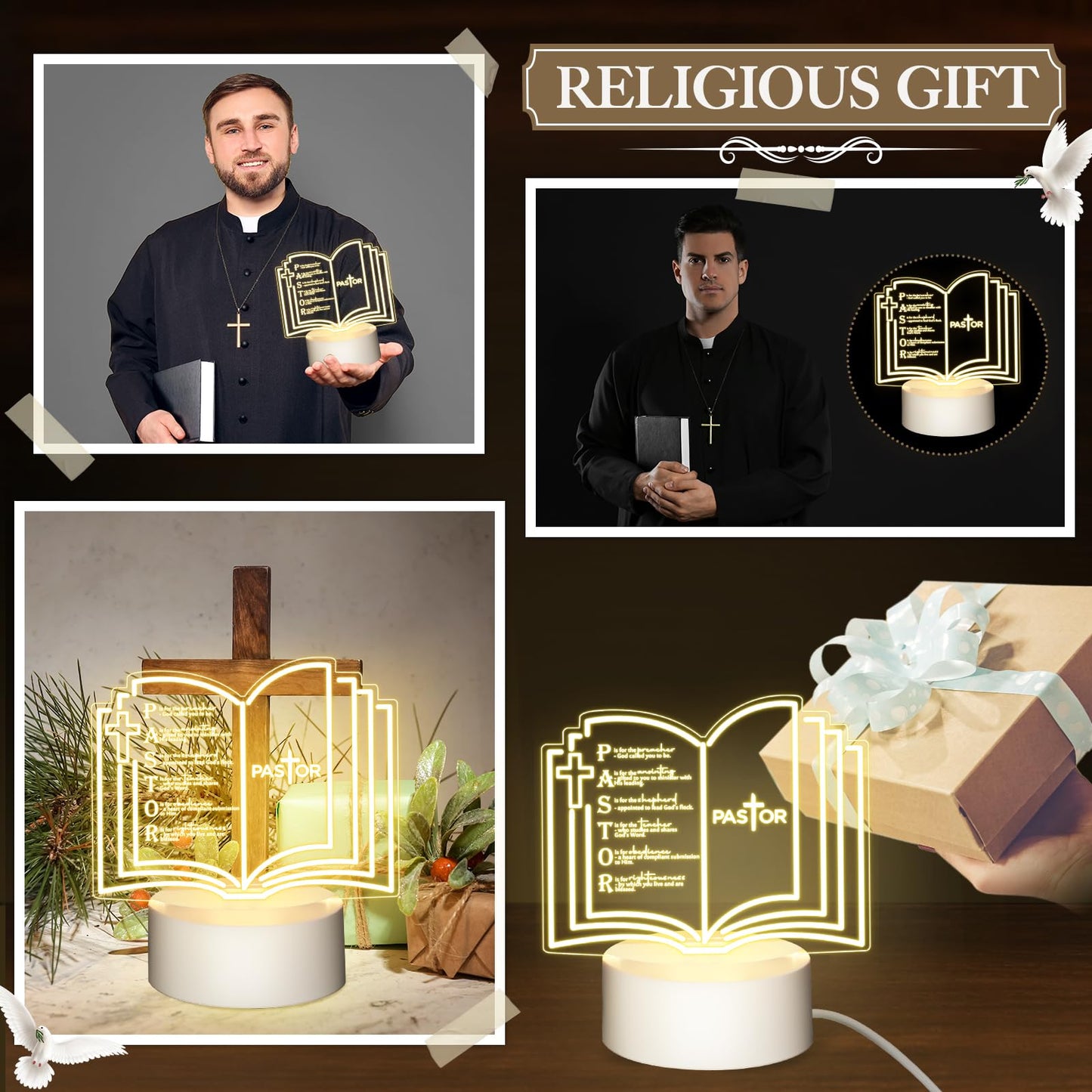 Kosiz 1 Pcs Pastor Appreciation Gift Engraved Thank Clergy Sayings Acrylic LED Night Light with Base Christian Inspirational Decor Clergy Appreciation Day Men Women Church Retirement (Stylish Pastor)