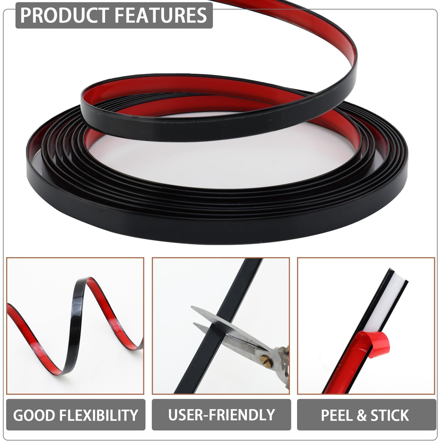 QDYMXUN Glossy Black Peel and Stick PVC Molding Trim, Flexible DIY Wall Accent Strip for Mirror Frame, Cabinet, Edges & Borders and Tiles (197''L x 0.4''W)