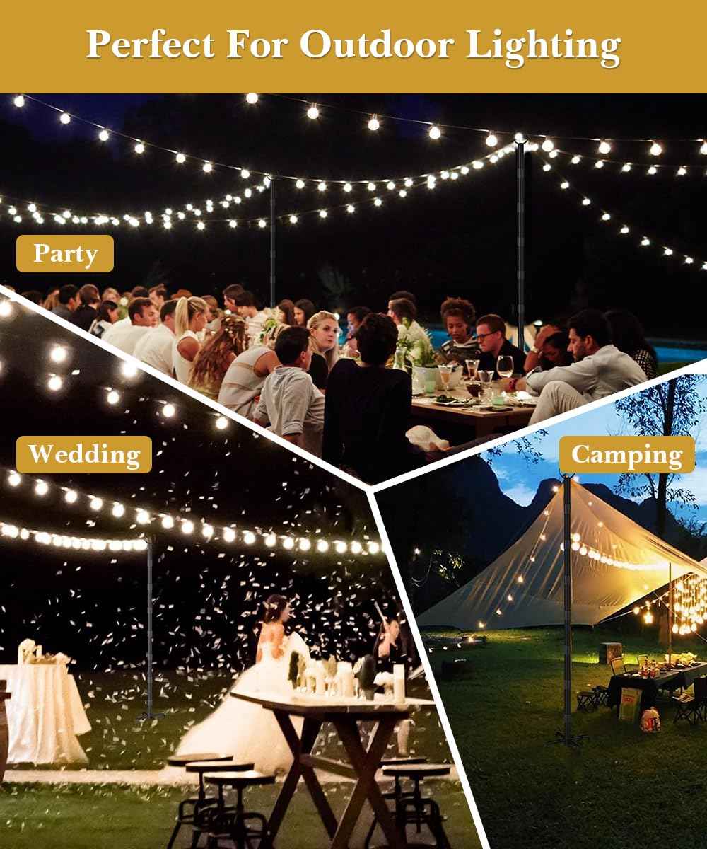 Tigerden 10Ft String Light Poles for Grass & Soil, Outdoor Light Stand with 5-Prong Fork Base, Heavy-Duty Metal Poles for Backyard, Garden & Patio Party Lighting, Rustproof & Adjustable