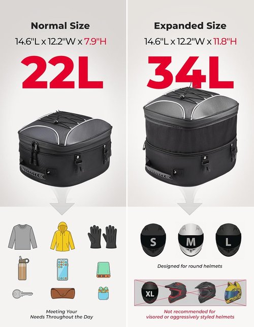 KEMIMOTO Motorcycle Tail Bag - Expandable 22L-34L Waterproof Rear Seat Luggage with Rain Cover & 6 Straps