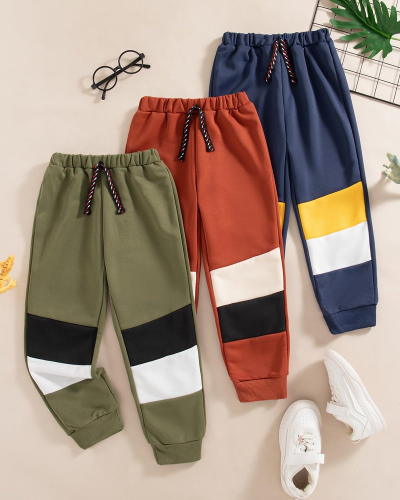 VEGGIEDOT Kids Boy Pants 3 Pack 6T 7T Little Boy Sweatpants Fall Winter Color Block Drawstring Elastic Boys Pants Red Blue Green Jogger Boys Sweatpants