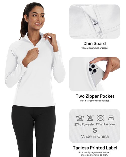 Runhit Womens Long Sleeve Shirts Athletic Workout Tops Quarter Zip Pullover Sun Protection for Running Gym Golf Hiking (Medium, White)