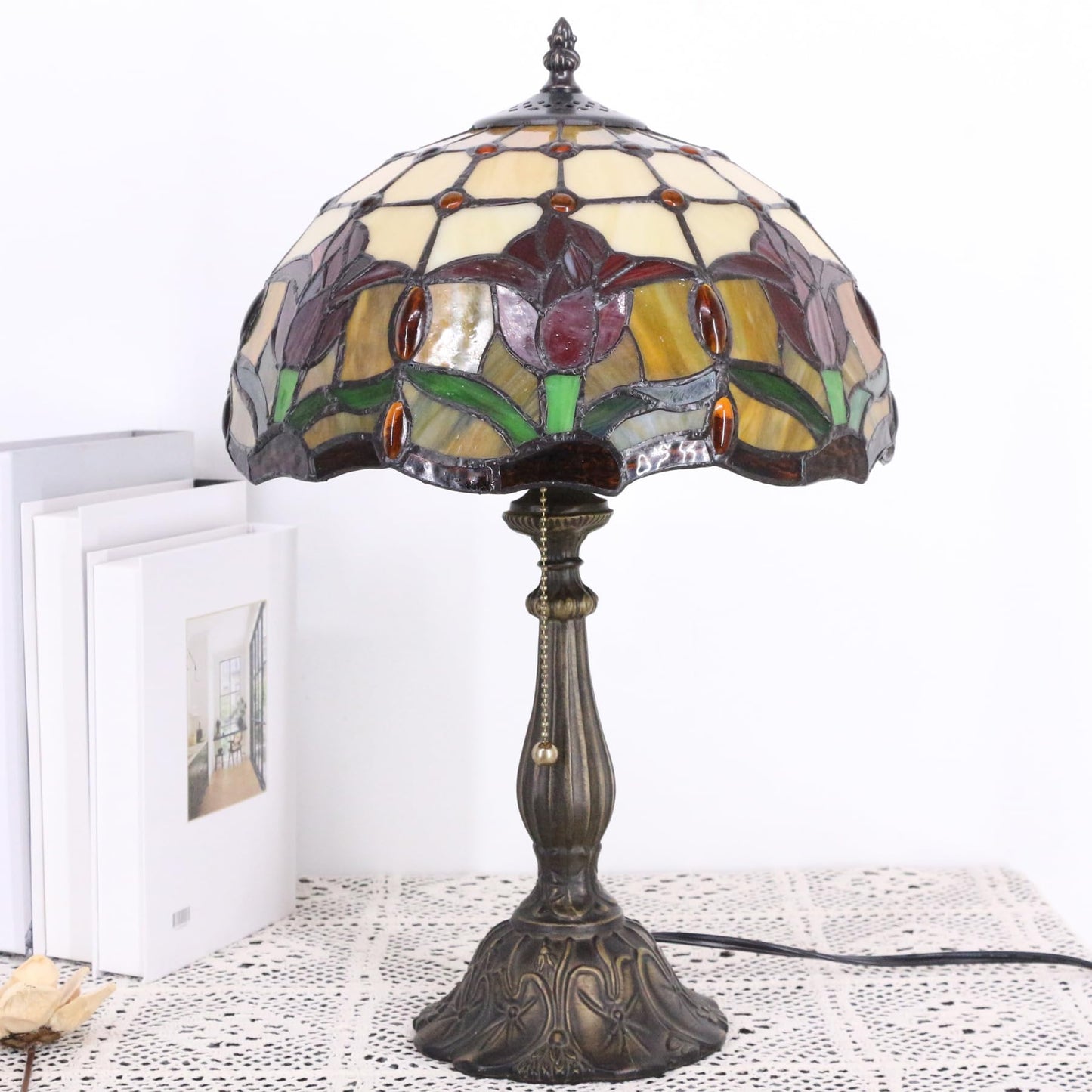 TCODTPOL Table Lamp Base Replacement Only, Wide 6 Height 18 Inch, Fit for 8, 10, 12 Inch Tiffany Style Stained Glass Lampshade, Dark Bronze Finish,Resin, Push Switch On Cord