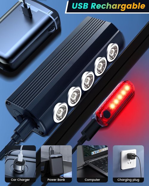 Super Bright Bike Lights for Night Riding, 5 LED USB Rechargeable Bike Headlight, Bicycle Light and Taillight Set, Waterproof Aluminum Bicycle Headlight for Adult Kid Mountain Road Commuter Cycling