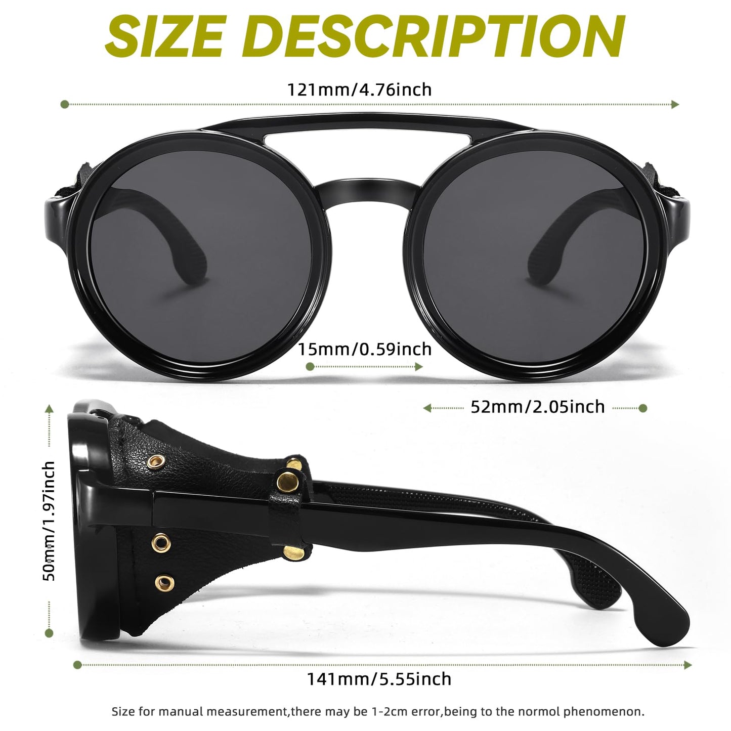 Plinvo Polarized Round Steampunk Sunglasses with Leather Side Double Bridge UV400 Protection Retro Eyewear for Men Women (Black)