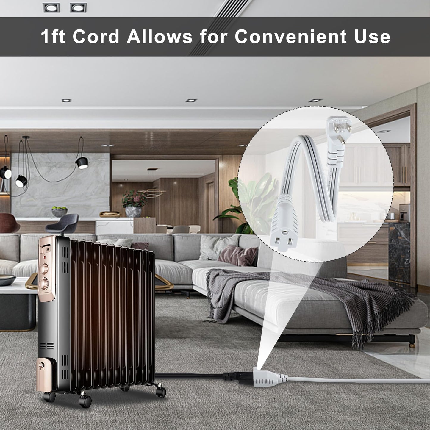 KUNCAN Appliance Power Extension Cord - 3 Prong Flat Wire SPT-3 14 AWG Heavy Duty Male to Female Extender Low Profile Grounded Cable for Major AC Unit, Air Conditioner, Refrigerator (1 Feet)