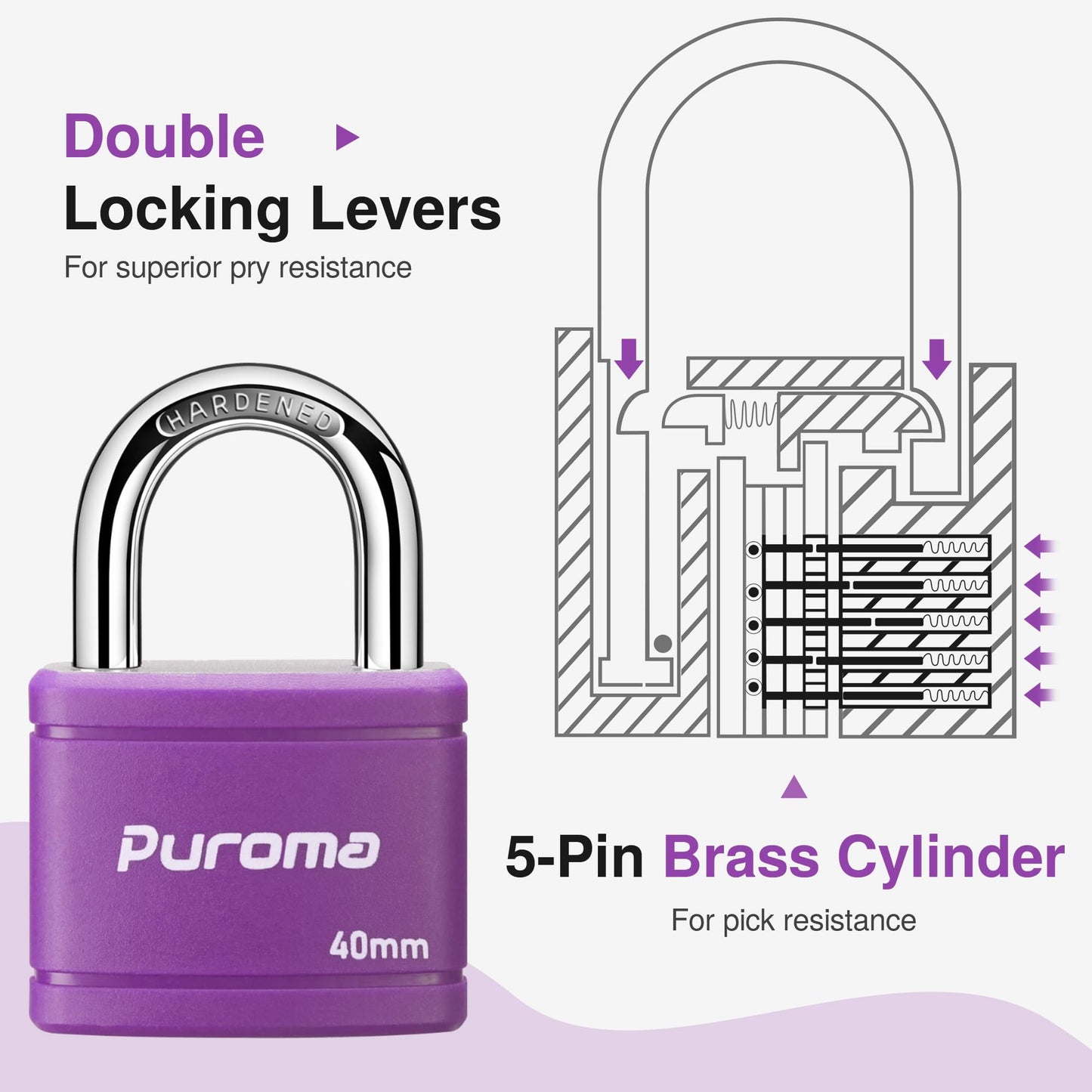 Puroma 2 Pack Keyed Padlock with 3 Keys Alike, 1.1 Inch Locker Lock 40mm Heavy-Duty Locks for Gate Fence Hasp Cabinet Toolbox School Gym Locker (Purple)
