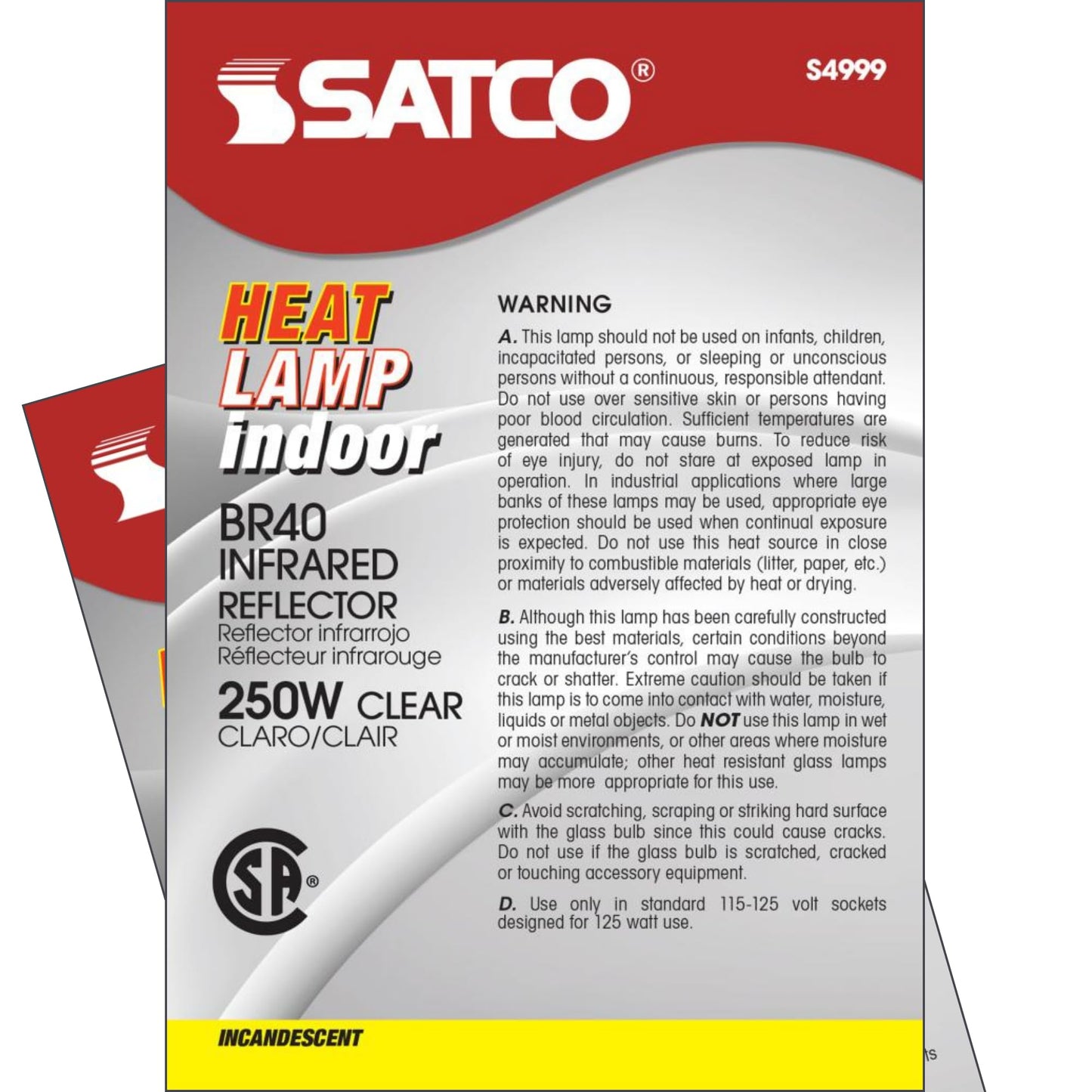 Satco S4999-250 Watt BR40 Heat Lamp Bulb – Clear Finish, Incandescent Reflector, Medium E26 Base, 2700K Warm White, 120V, Dimmable, 6000 Hour Life – CSAus Listed (2 Pack)