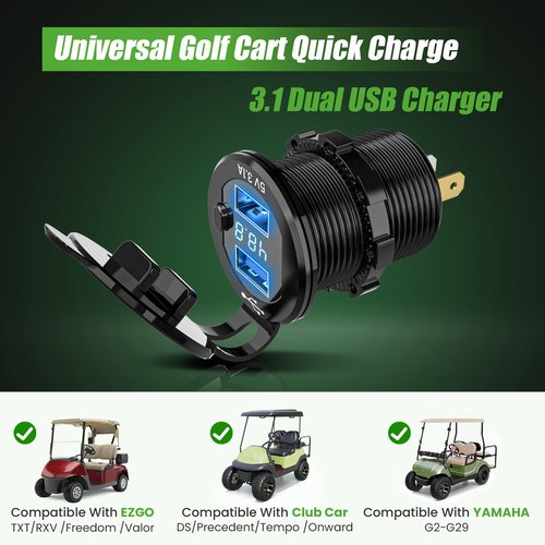 10L0L Golf Cart USB Ports 2 in 1 Dual Outputs & LED Display Voltage Meter Universal for Club Car, EZGO & Yamaha, Quick Charge 3.1A,Metal Shell Safe Charging Socket 9V-48V Voltage Input