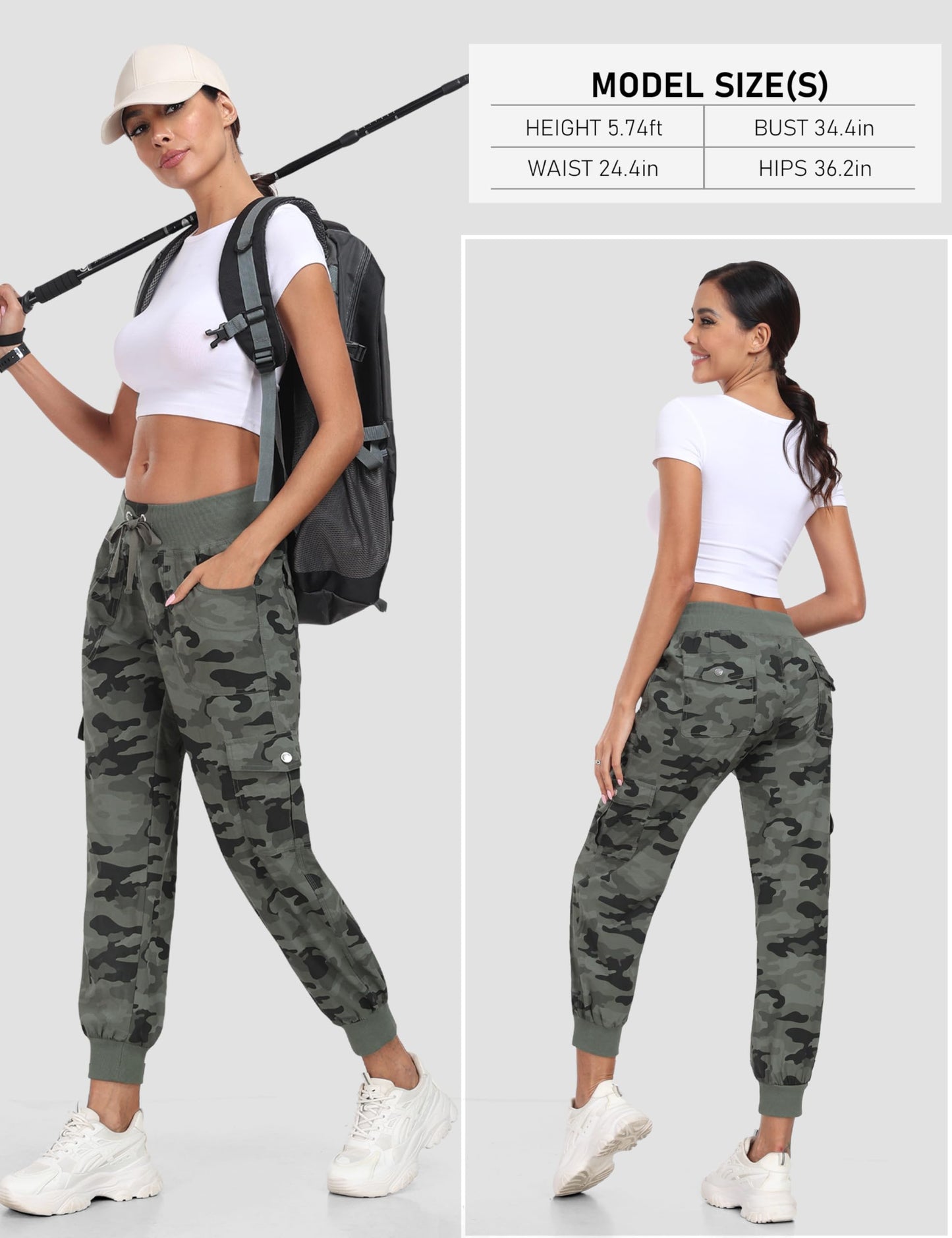 MoFiz Women Cargo Pants with Pockets Lightweight Outdoor Summer Travel Casual Hiking Pants Running Joggers Sweatpants Elastic Waist Camouflage Green M