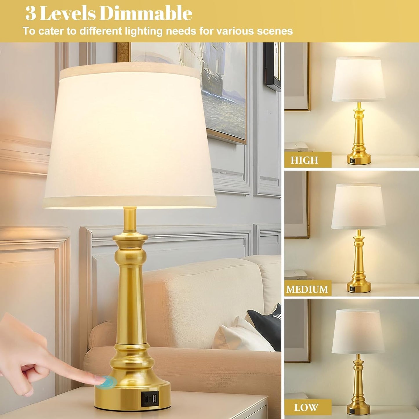 Touch Bedside Table Lamps Set of 2 with USB C+A Ports - 3-Way Dimmable Linen Shade